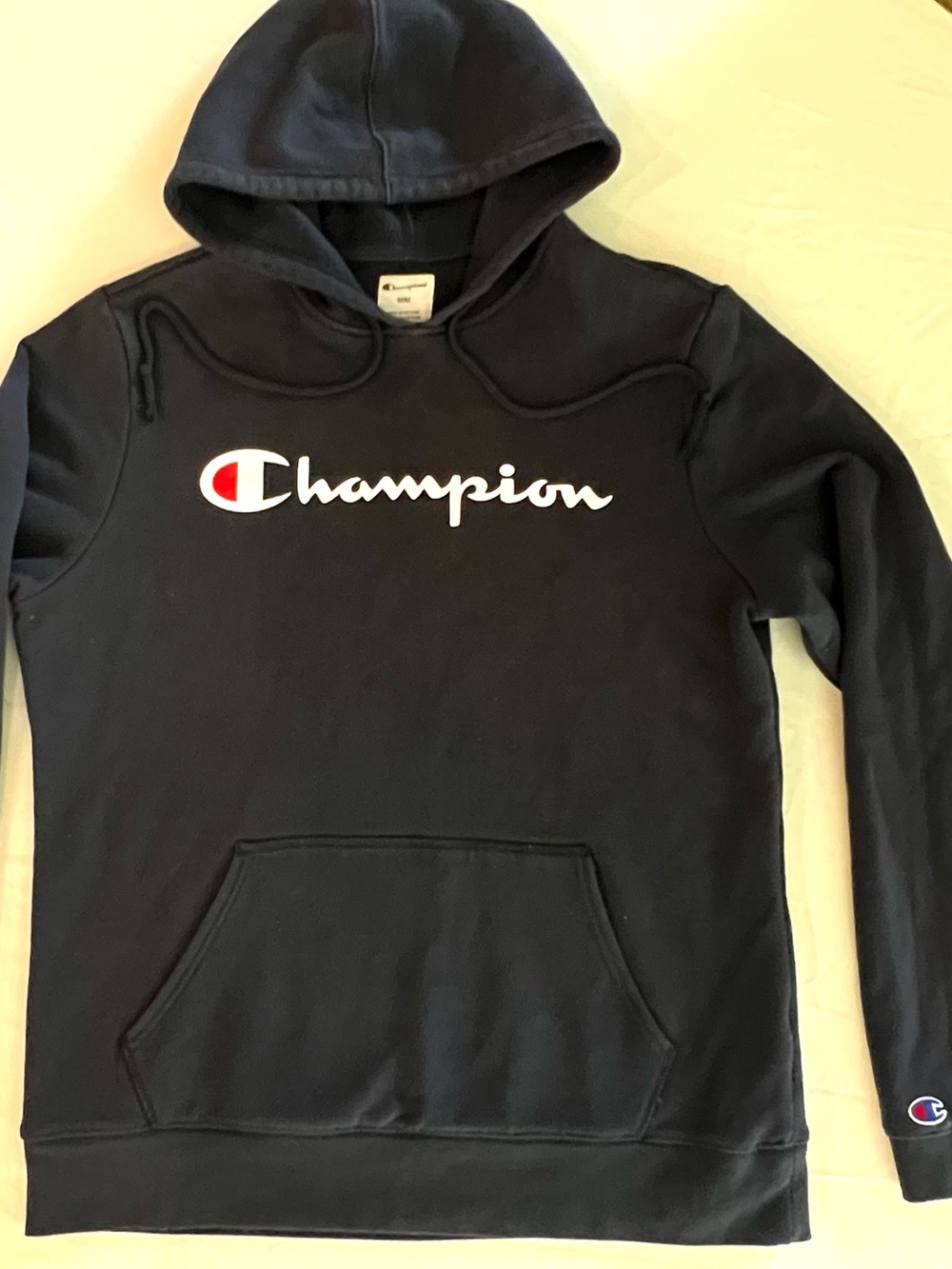Champion Black Script Logo Powerblend Hoodie Mens M Worn In